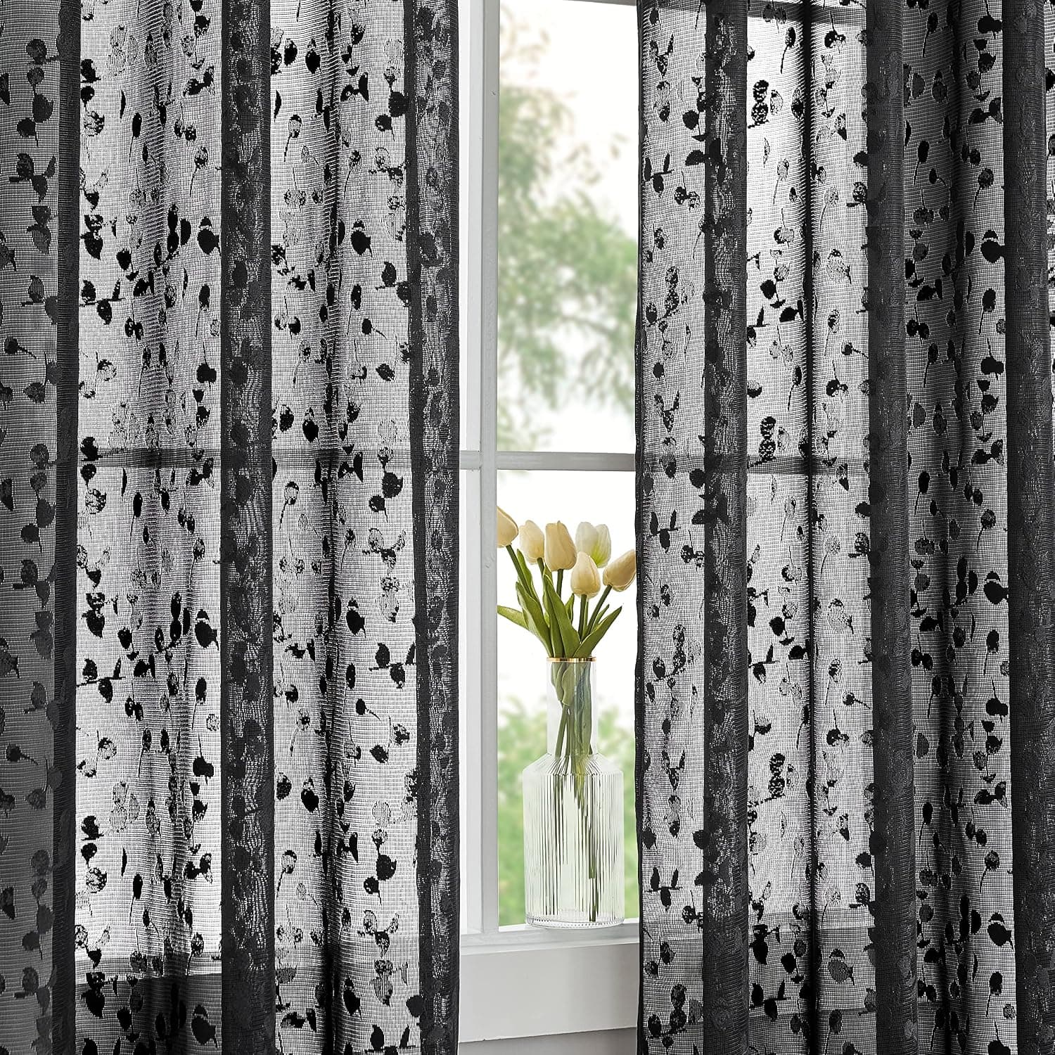 Jubilantex Black Lace Sheer Curtains Leaf Buds Pattern Design Leaf Embroidered 84 Inches Length,Textured Light Filtering Window Curtainss for Bedroom Living Room, Rod Pocket,52" W x 84" L