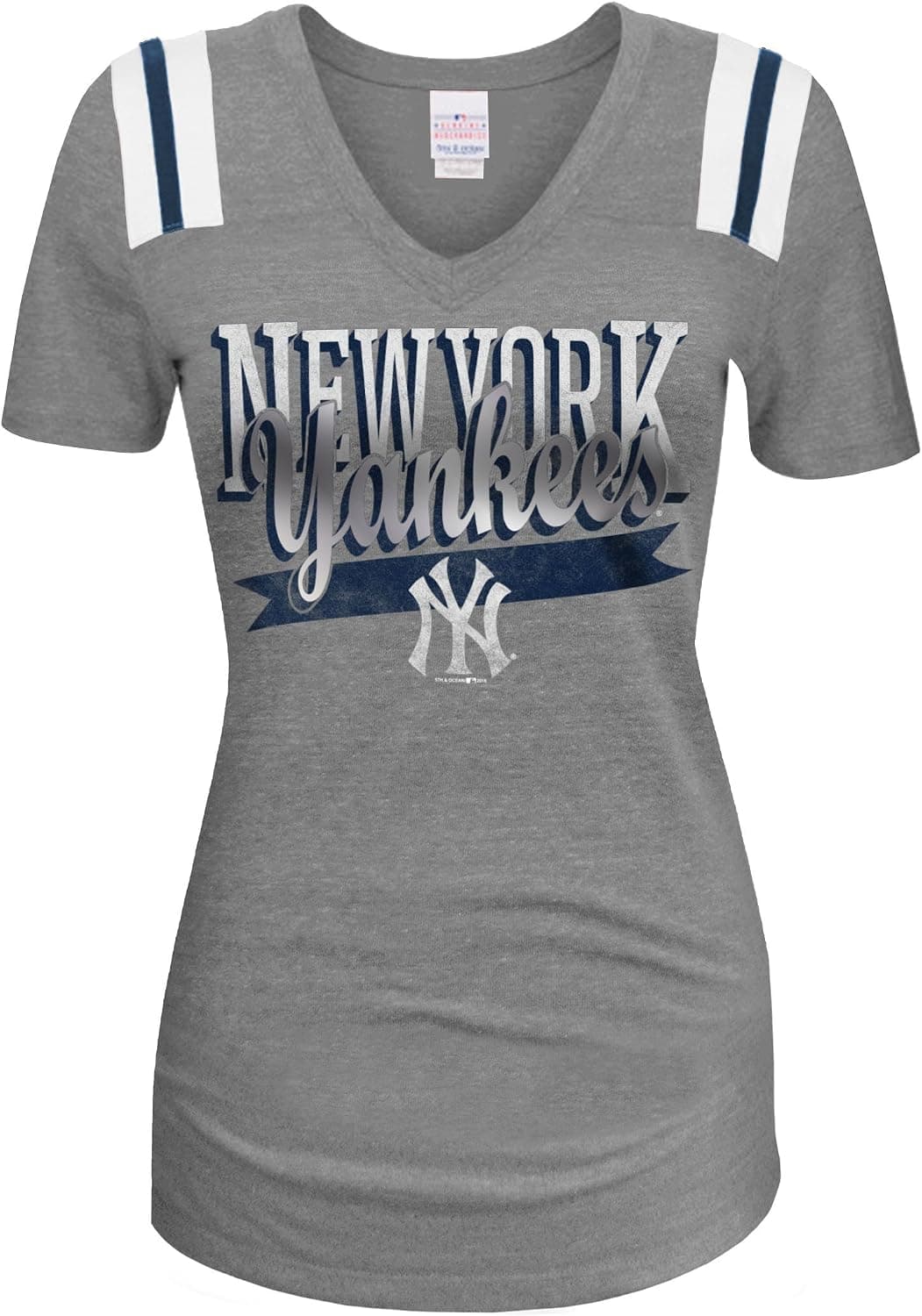 5th & Ocean MLB New York Yankees Women's Short Sleeve V-Neck Tee, Gray, Medium