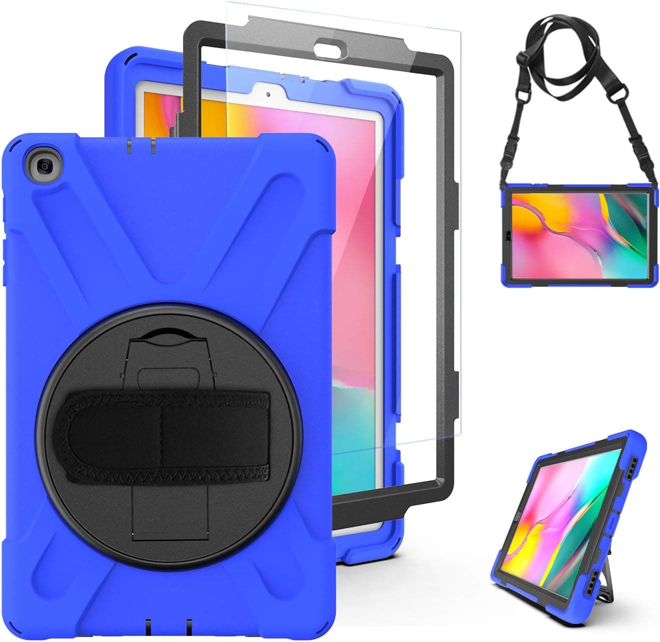Herize Galaxy Tab A 10.1 Case 2019 with Screen Protector, High Impact Resistant Drop Proof Armor Protective Case with Hand Strap/Shoulder Strap/Rotable Stand Kids Case for SM-T510/T515 Tablet-Blue