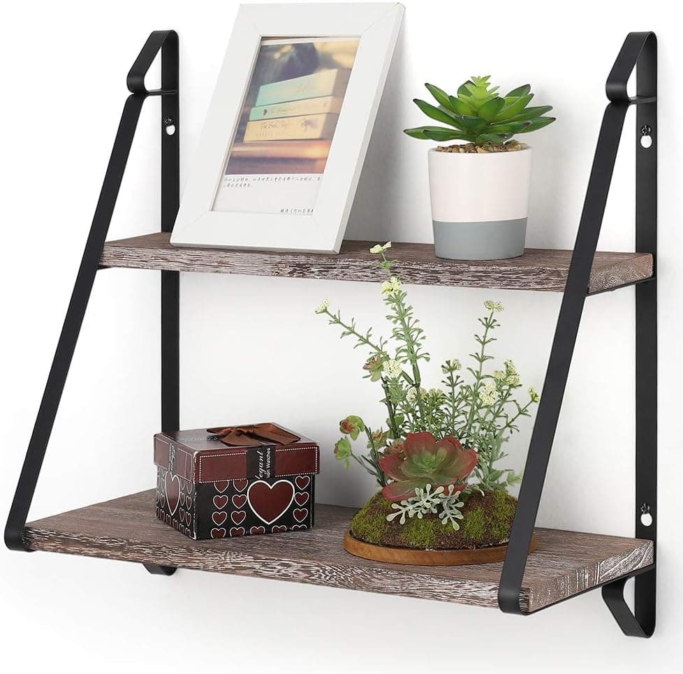 Sunexinlo Bathroom Floating Wood Shelf with Bracket, Small Brown Floating Storage Wood Shelves for Bathroom Bedroom Living Room Wall, 2-Tiers Bathroom Wall Hanging Shelf Organzier