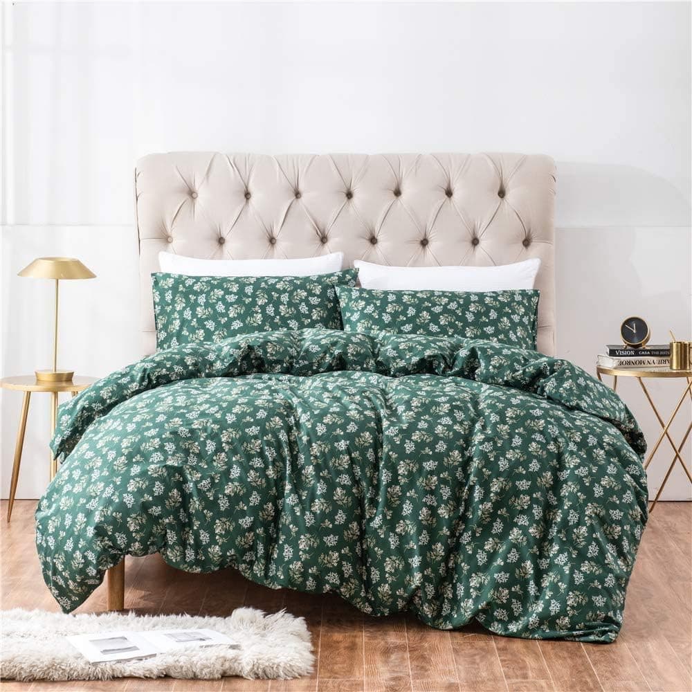 PinkMemory Green Floral Duvet Cover King Vintage Floral Bedding Set with Pillowcases Cotton Zipper Closure Durable-No Comforter Filler