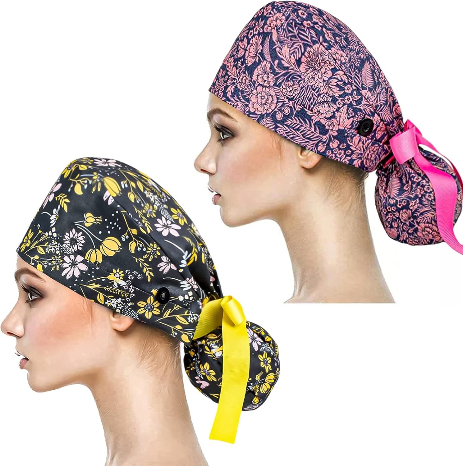 YUESUO 2 Pack Working Cap with Buttons and Sweatband,Cotton Working Hats with Adjustable Ponytail Pack Ribbon Tie Back Hats for Women & Men,Long Hair Head Covers Shower Caps (F)