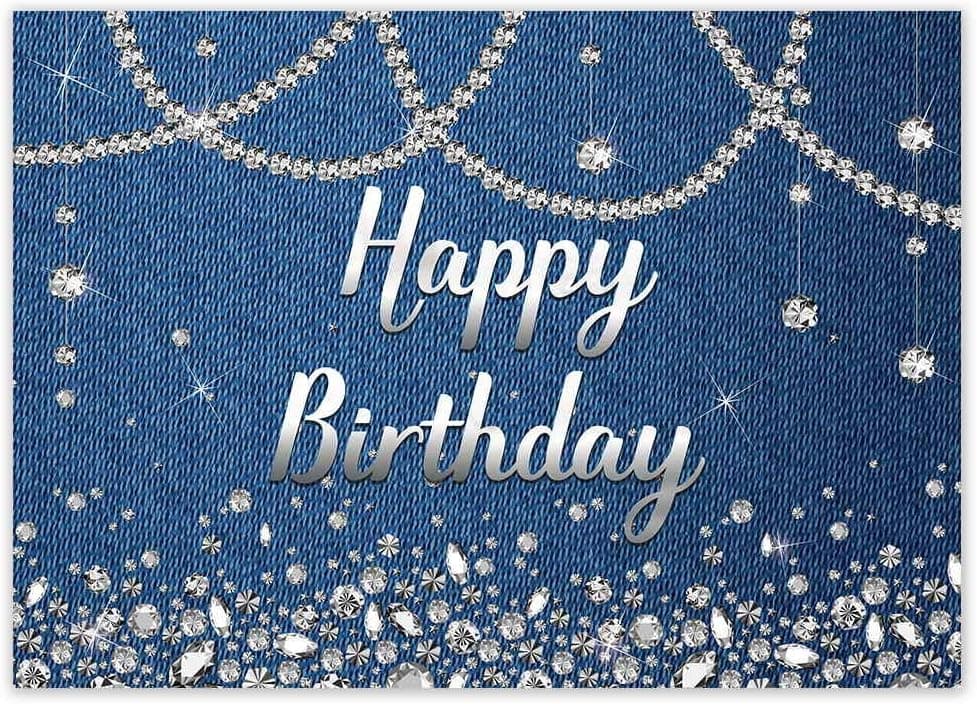 Funnytree Denim and Diamonds Backdrop Happy Birthday Glitter Party Banner Baby Shower Anniversary Woman Bday Themed Decoration Supplies Favors Gifts Photography Background Photobooth Prop 7x5FT