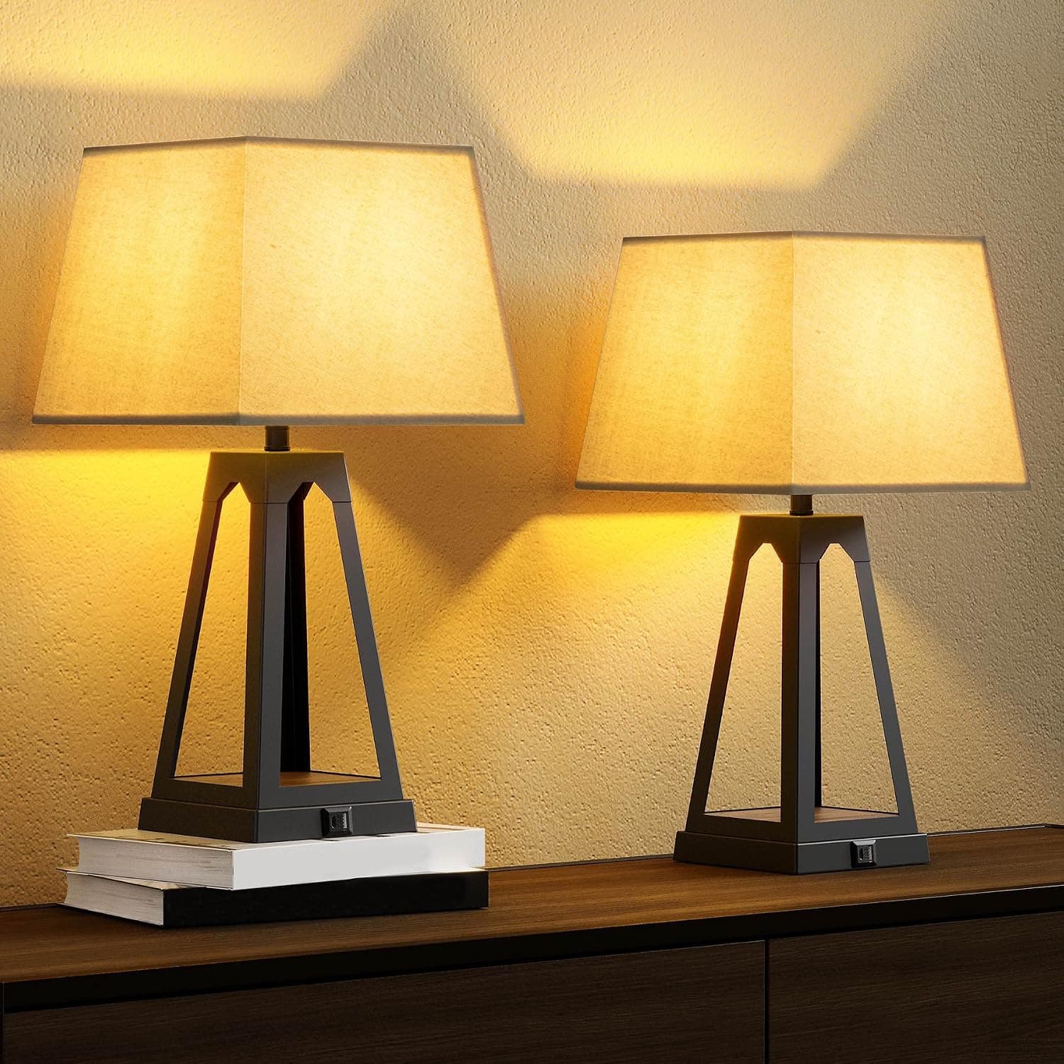 WAMPAT 3-Way Dimmable Touch Control Table Lamp with USB Ports and AC Power Outlet Modern Bedside Nightstand Lamp with Fabric Shade and Metal Base for Guestroom Bedroom Living Room & Hotel