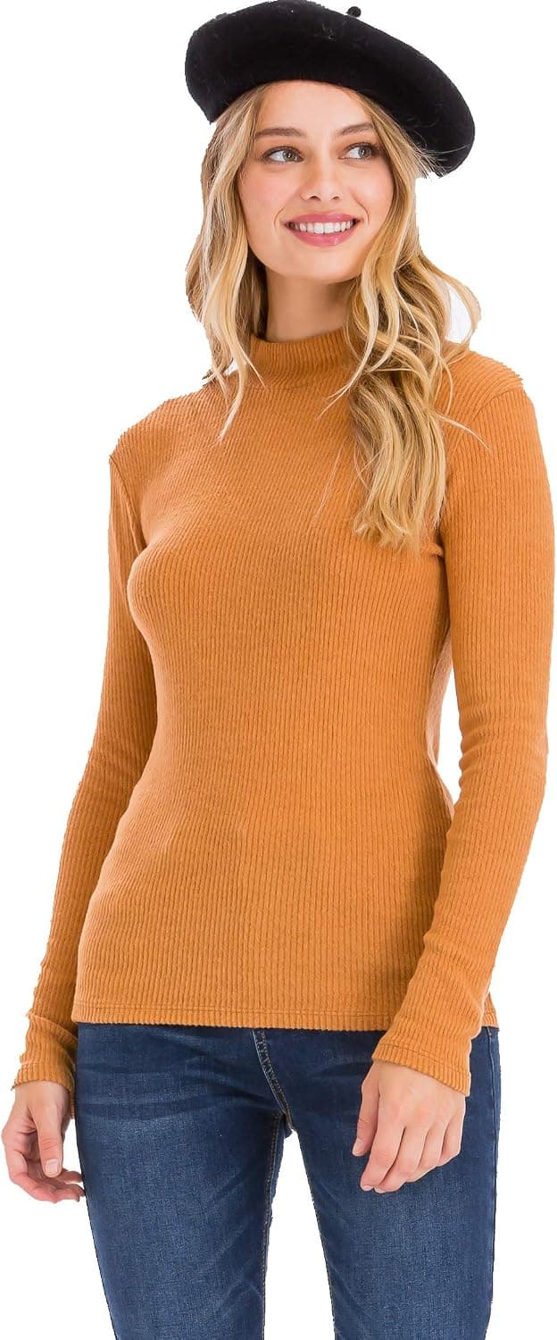 Alice & Me Women's Mock Neck Knit Ribbed Top Sweater Long Sleeve Made in USA