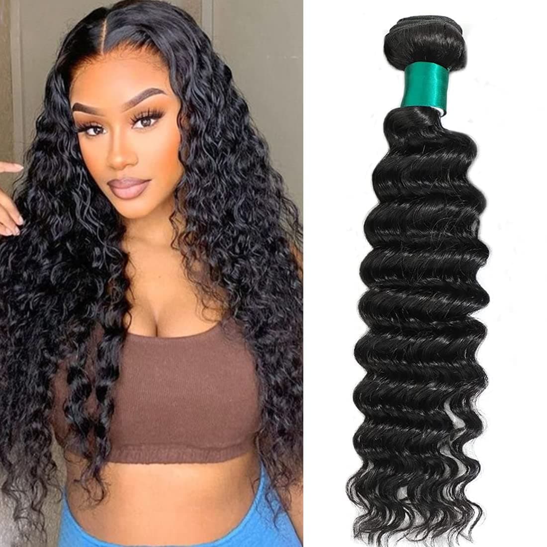 AUTTO Brazilian Virgin Human Hair Deep Wave One Bundle 16inch Unprocessed Virgin Human Hair Bundle Weave Extension Natural Black Color (100+/-5g)/pc Can be Dyed
