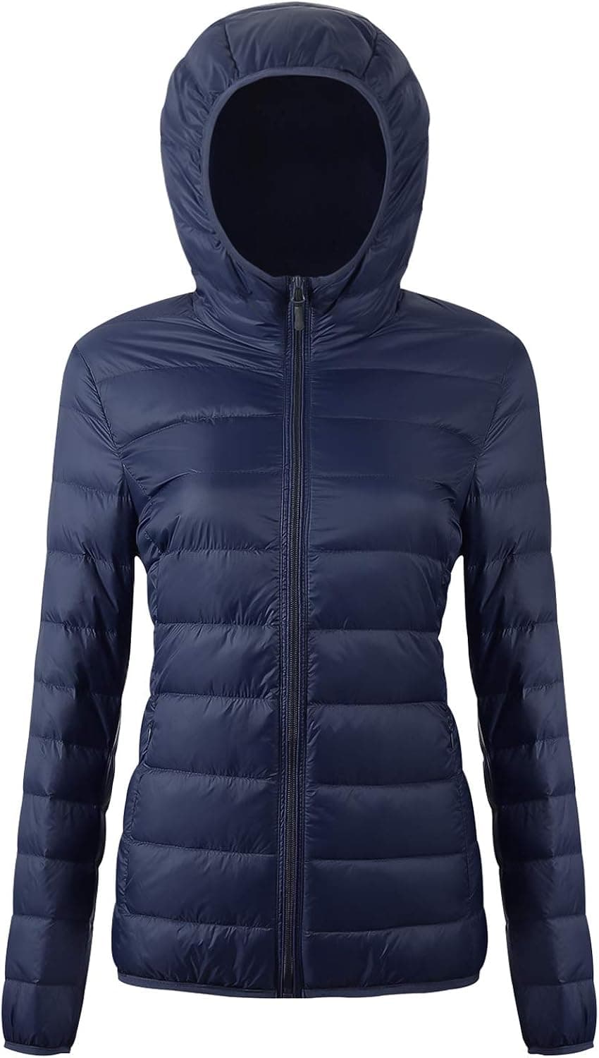 Women's Hooded Packable Down Jacket Ultra Light Weight Short Puffer Coat with Travel Bag UI19WYRF026,Navy,L