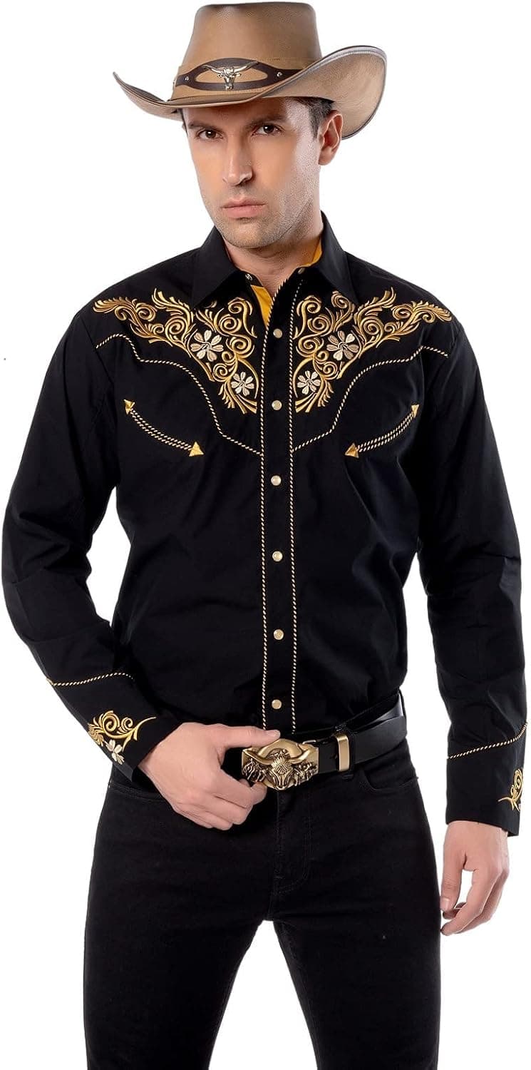 EL PIONERO Men's Western Shirt Long Sleeve Embroidered Cowboy Casual Snap Button Shirt