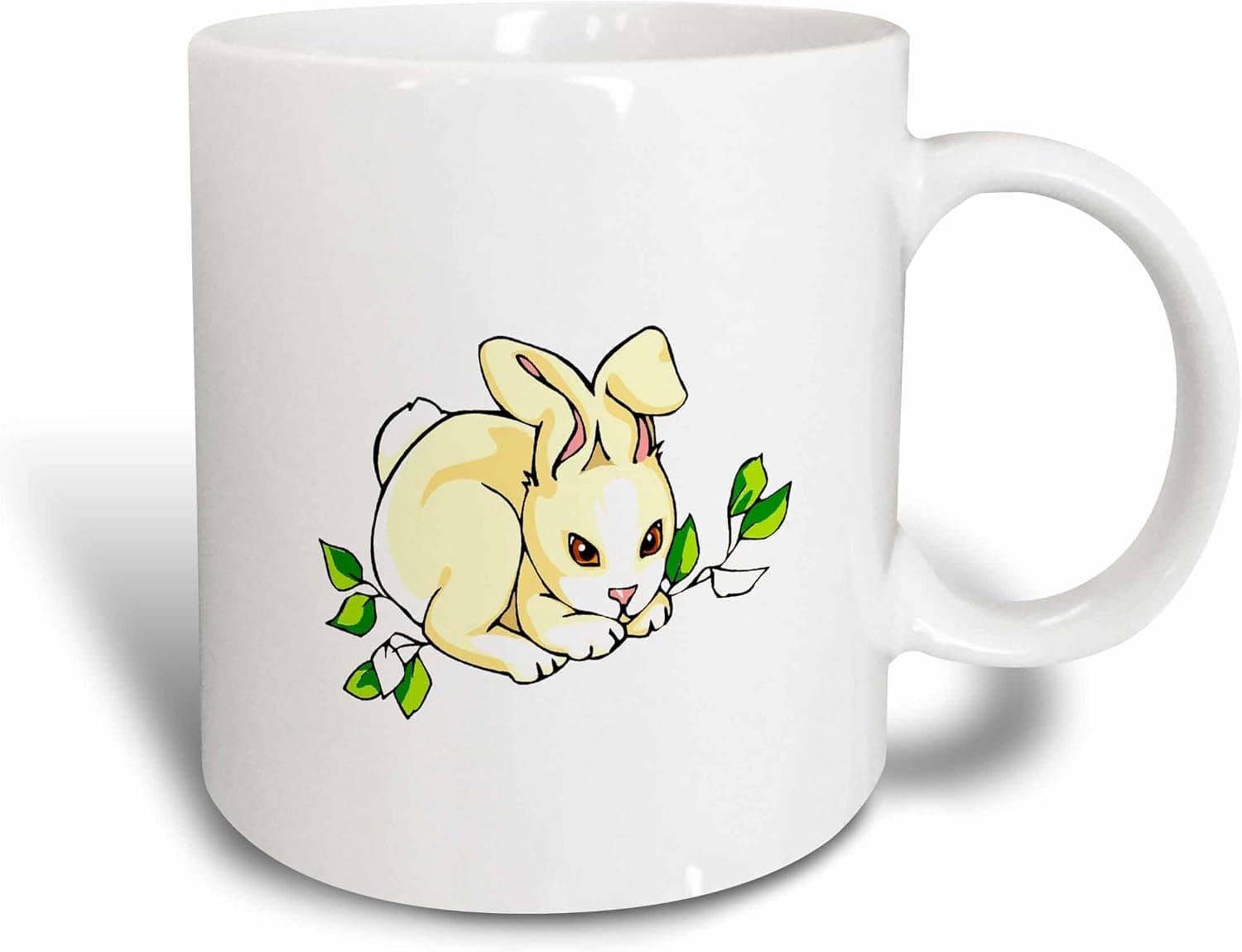3dRose White Bunny Green Leaves Ceramic Mug, 15 oz, Multicolor
