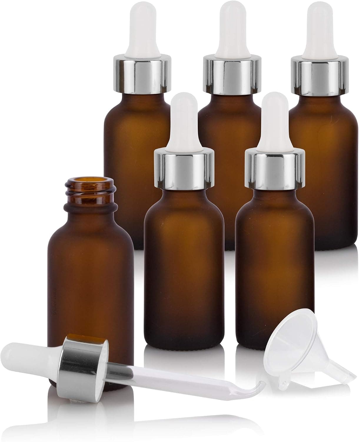 JUVITUS 1 oz / 30 ml Frosted Amber Glass Boston Round Bottle with Silver Metal and Glass Dropper (6 pack) + Funnel