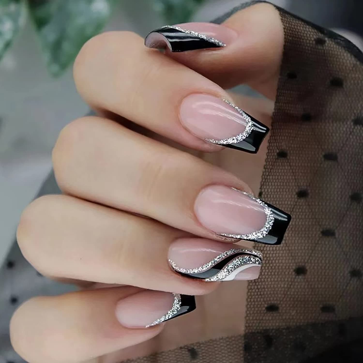Black French Tip Press on Nails Medium Length Coffin False Nails Glitter Full Cover Stick on Nails Black Nail Tip Glue on Nails Glossy Acrylic Nails Nail Decorations for Women Girls