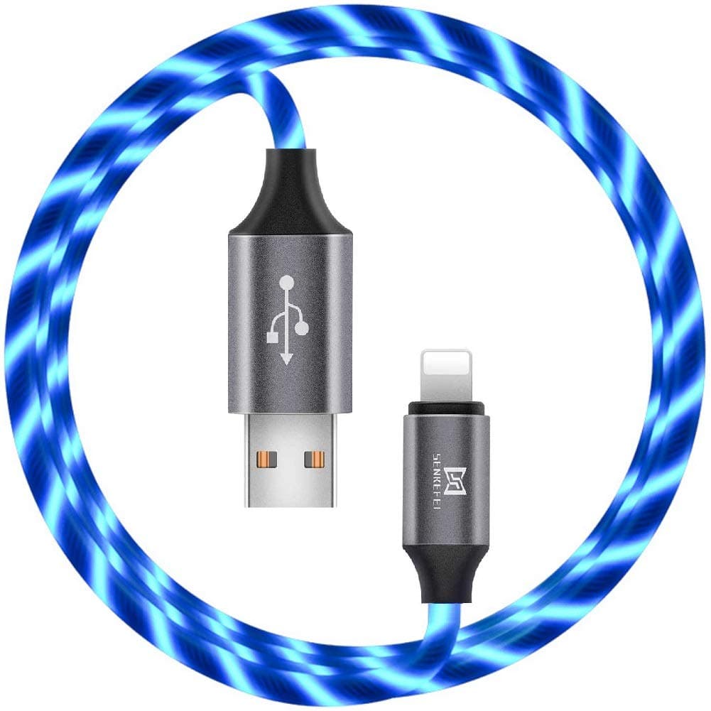 SENKEFEI SS Light up iPhone Charger Cable - MFi Certified USB-A to Lightning LED Charging Cord Compatible with iPhone,iPad,iPod (Blue,6FT)
