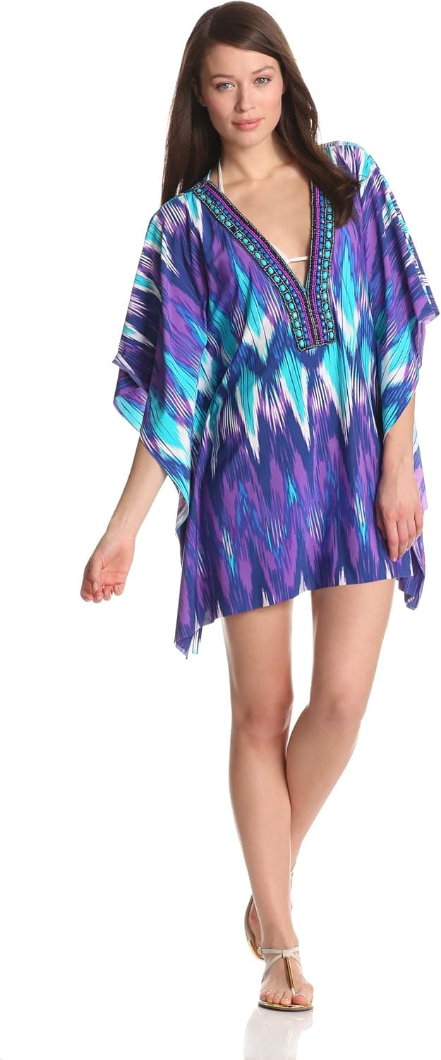 Kenneth Cole New York Women's Butterfly Sleeve Cover Up Tunic Dress, Teal // Hot Tropics, Large