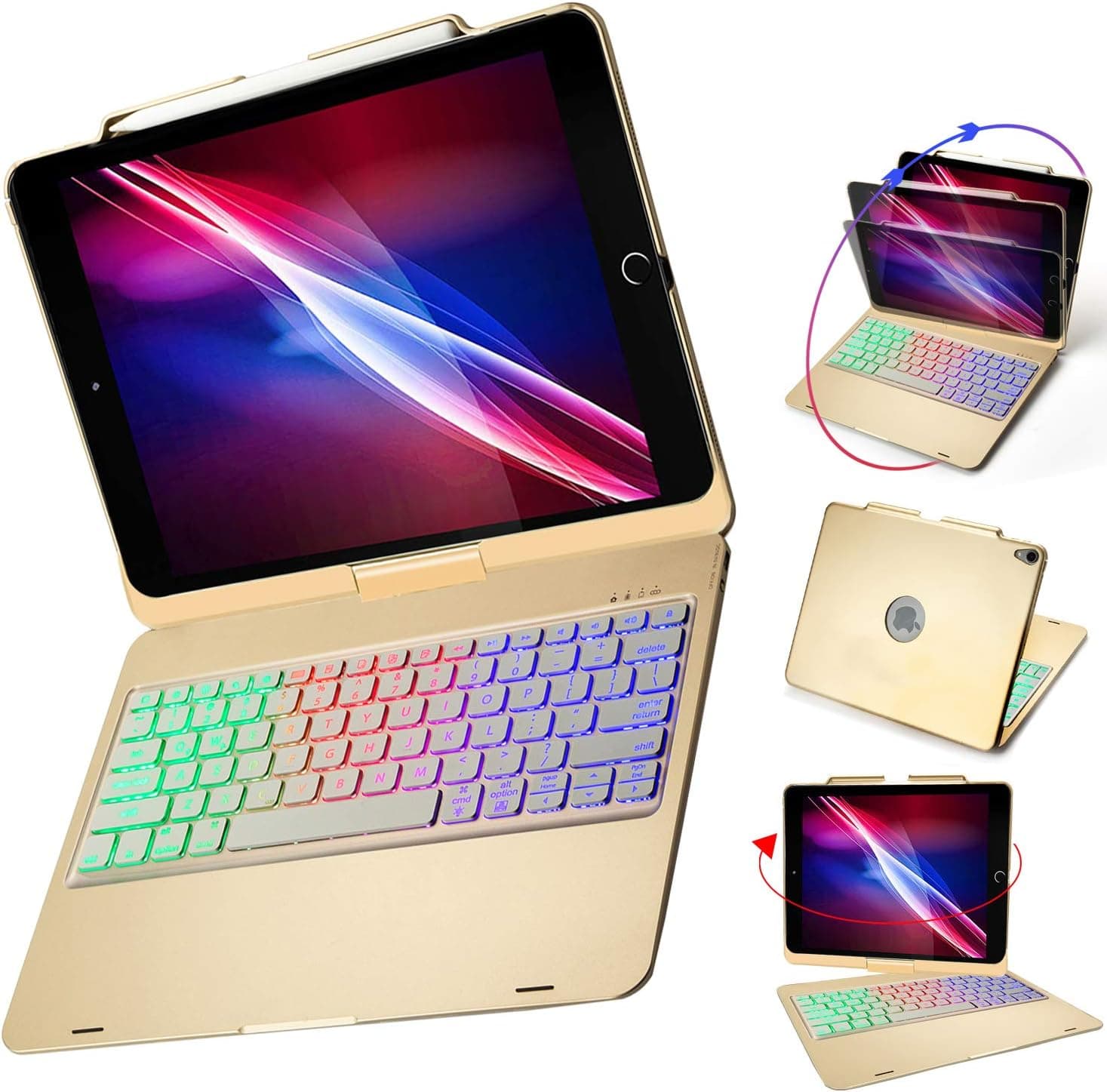 ILEBYGO iPad Pro 12.9 Keyboard Case 2018 3rd Gen Support Apple Pencil Charging, 360 Rotatable Wireless Bluetooth Colorful Backlit/Auto Sleep-Wake/Ultra-Thin Keyboard(Golden)
