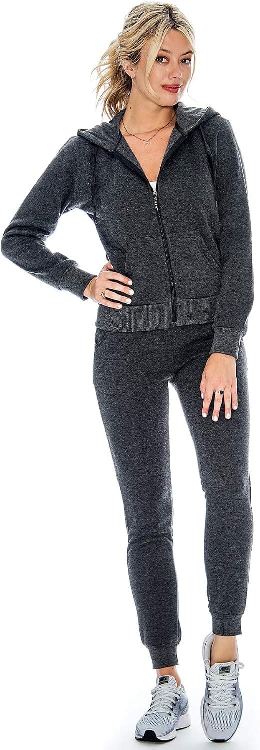 Ladies 2 Piece Fleece Hoody Sweatsuit Set Order 2 Sizes Up (Charcoal, Large)