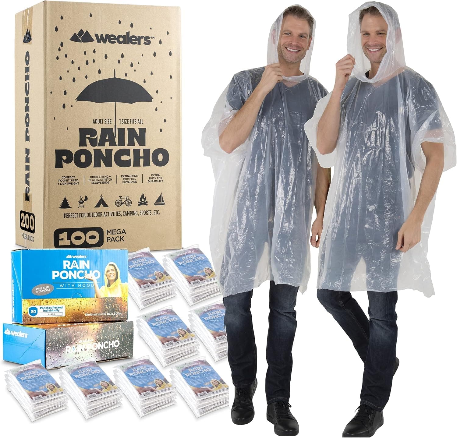 Wealers Rain Ponchos for Adults Teens Disposable Bulk Pack Emergency Raincoat Parks Outdoors Multi Colors Waterproof