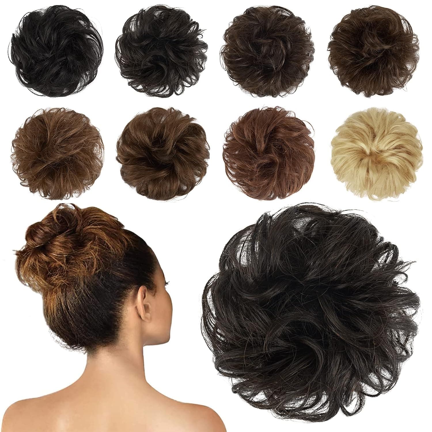 FESHFEN Human Hair Messy Buns, 100% Human Hair Bun Hair Piece Real Hair Extension Wavy Curly Hair Scrunchies Tousled Updo Chignon Hairpieces for Women Girls, Dark Brown