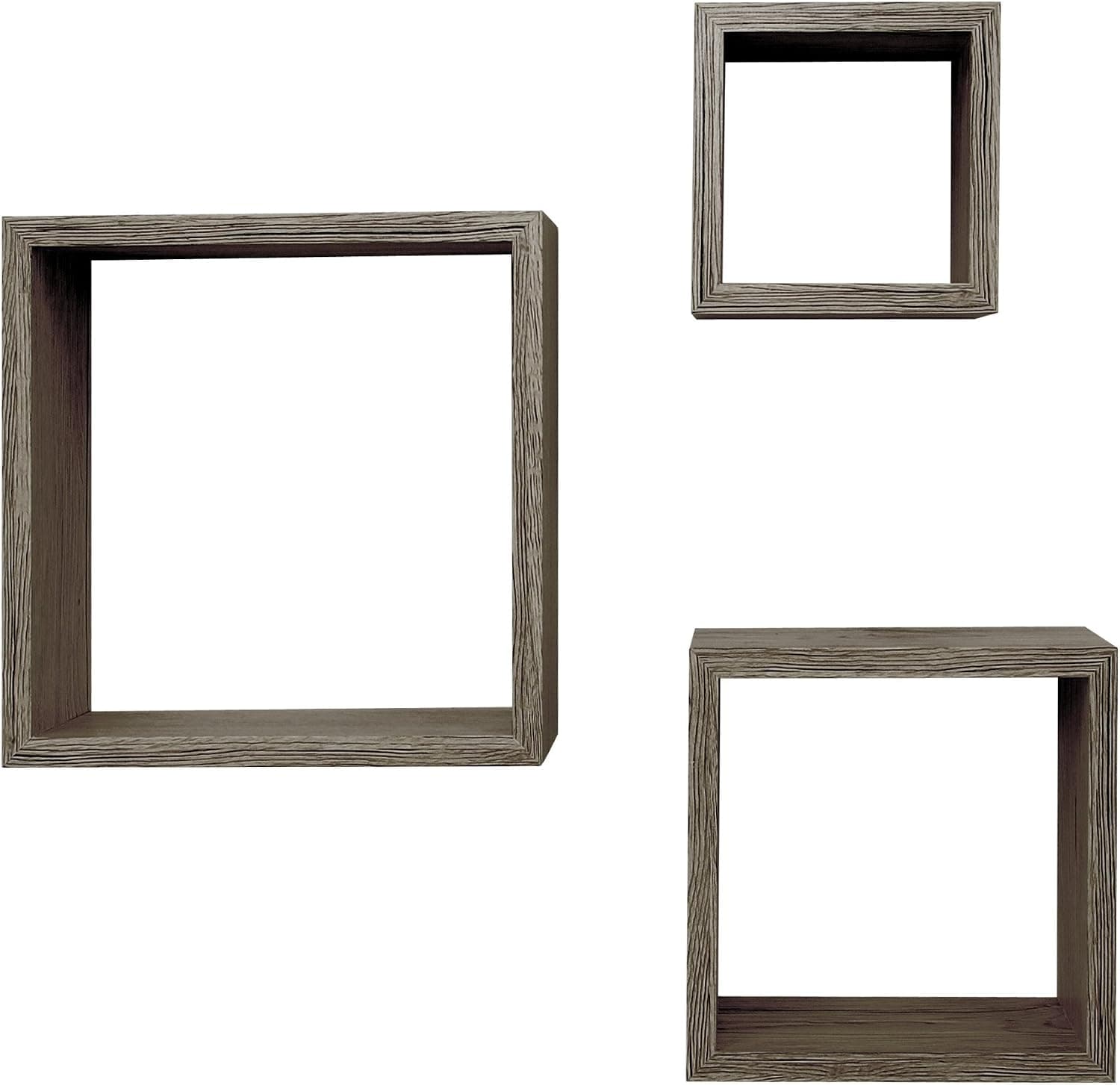 kieragrace Cubbi Floating Wall Shelves, 5" x 5", 7" x 7", 9" x 9", Driftwood Grey, Set of 3