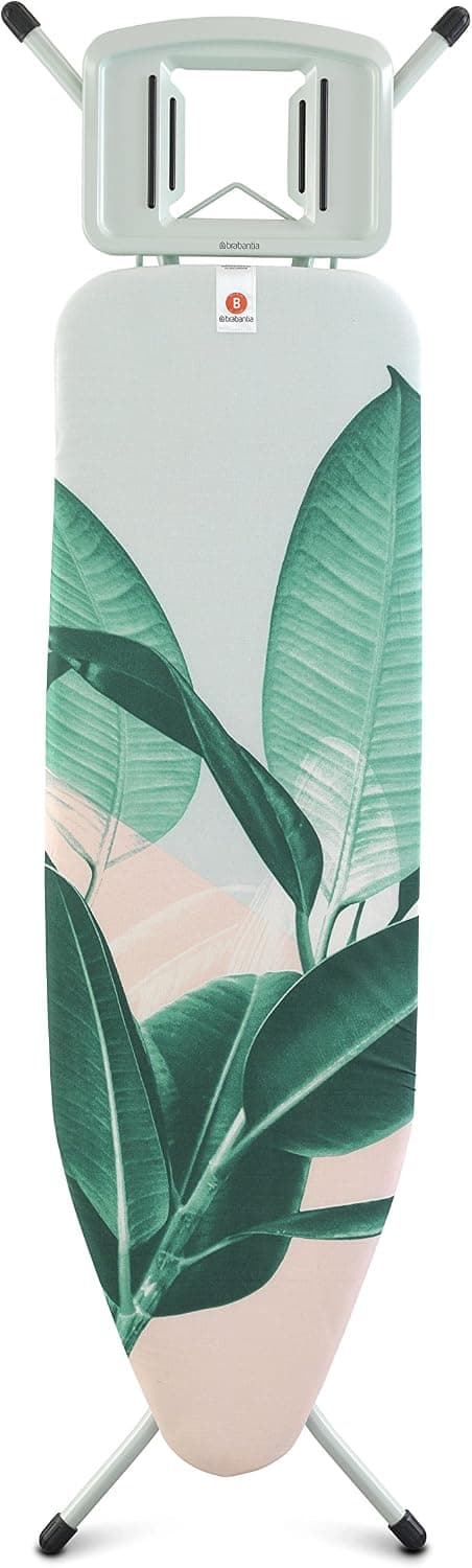 Brabantia Size B Ironing Board (49 x 15in) 7 Height Options, Solid Steam Iron Rest Holder (Tropical Leaves) Non-Slip Feet, Anti-Collapse Child Locks