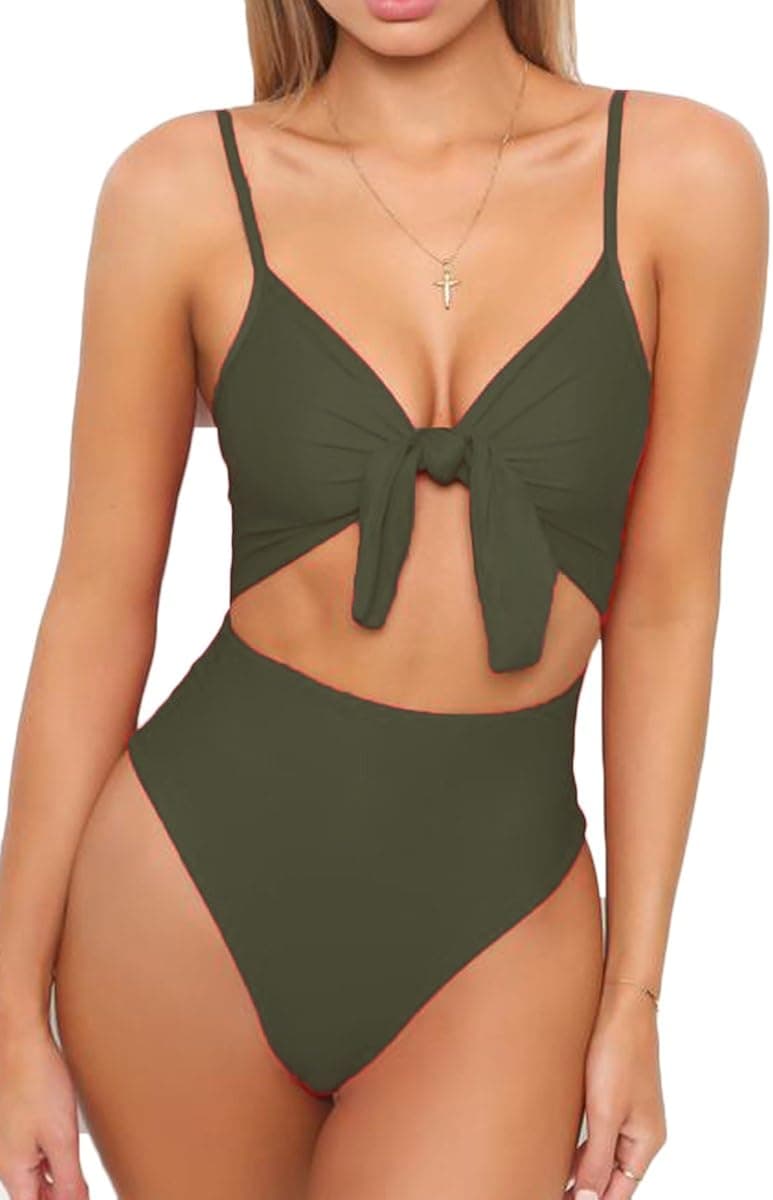 LEISUP Womens Spaghetti Strap Tie Knot Front Cutout High Cut One Piece Swimsuit