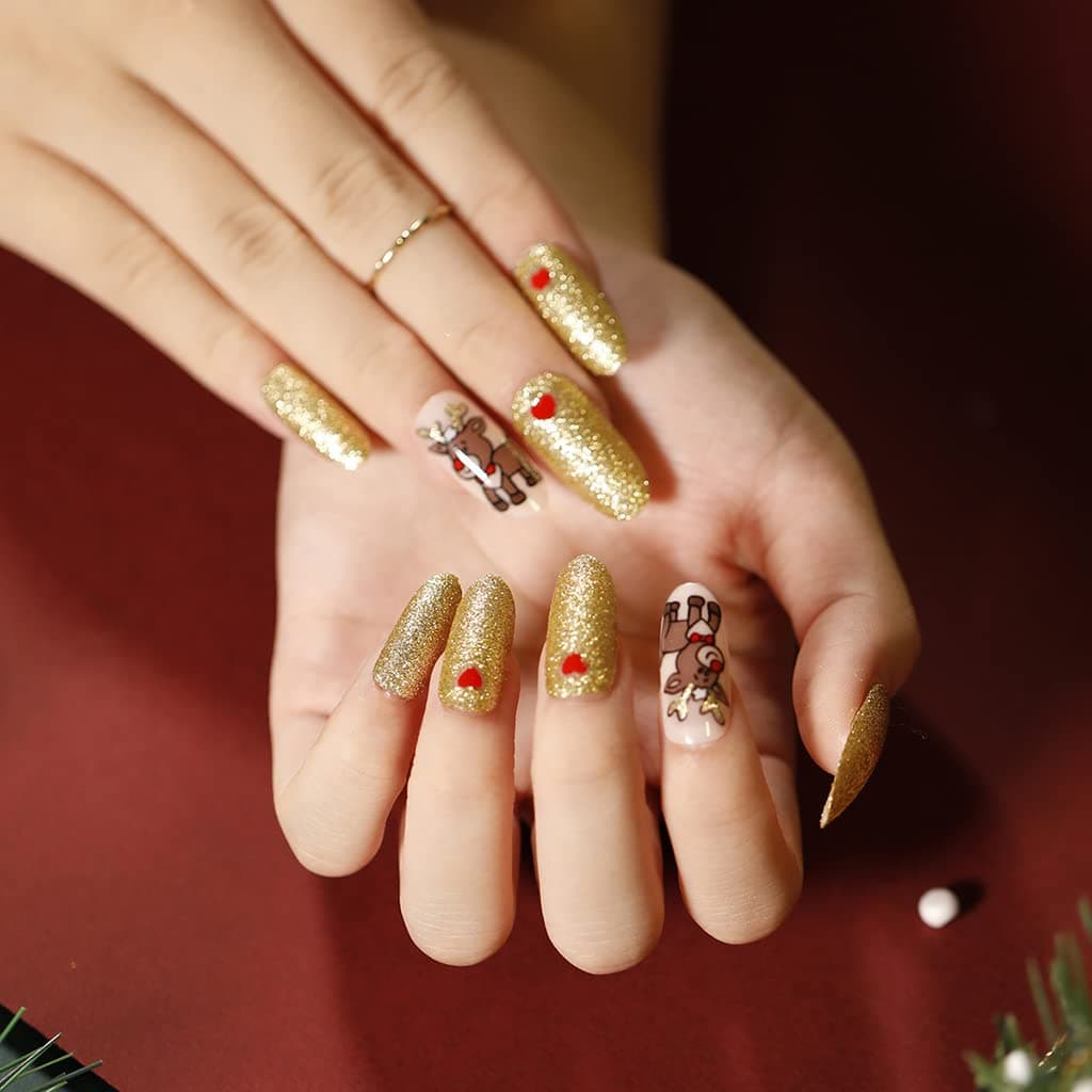 Christmas Press on Nails Medium Length Fake Nails Acrylic Nails Bronzing Elk Design DIY Acrylic Adhesive Tape Design Nails for Women and Girls Nail Supplies 24Pcs