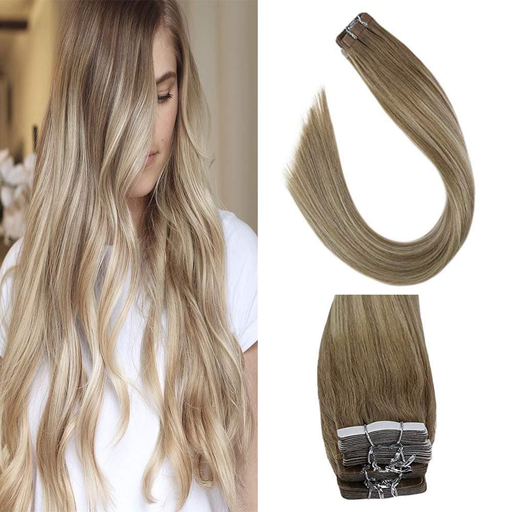 Sunny 18inch Ombre Tape in Straight Hair Extensions Real Human Hair Dyed Golden Blonde Fading to Platinum Blonde Gule in Real Human Hair Extension 50g/20pcs