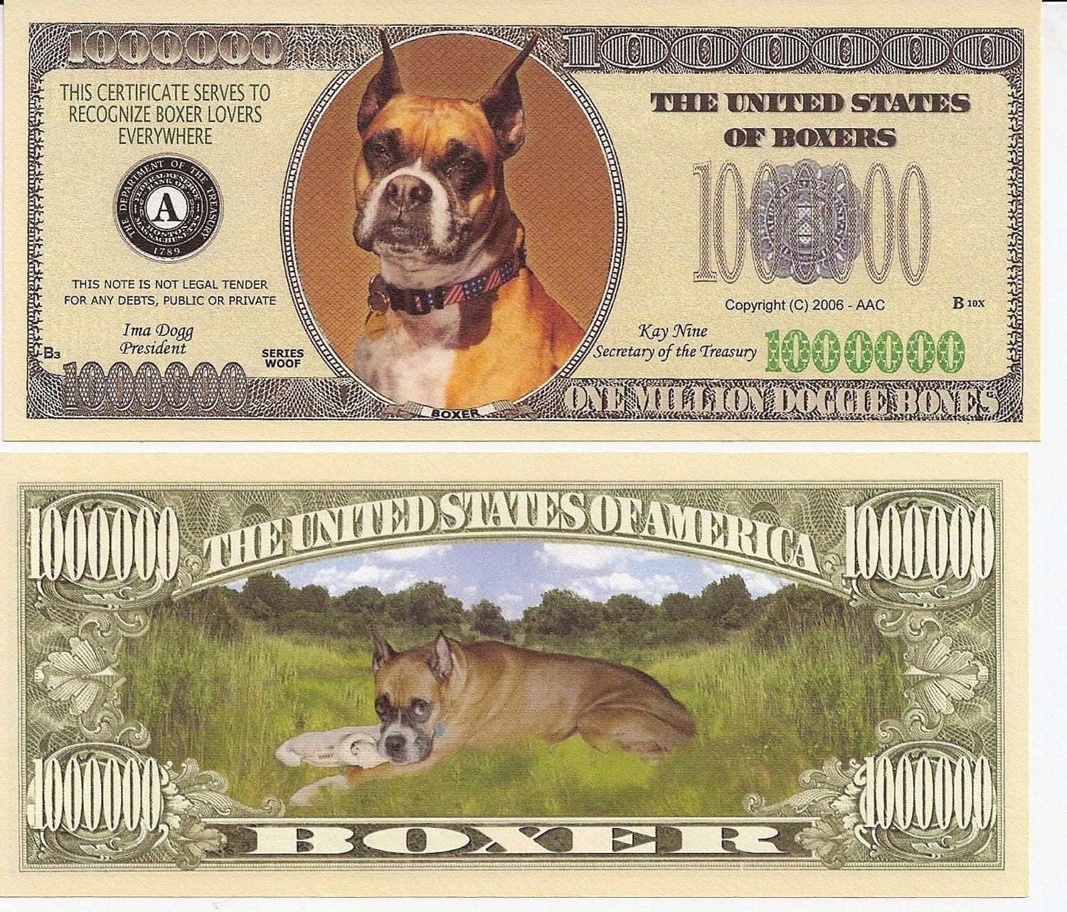 American Art Classics Boxer Dog Million Dollar Novelty Bill Collectible