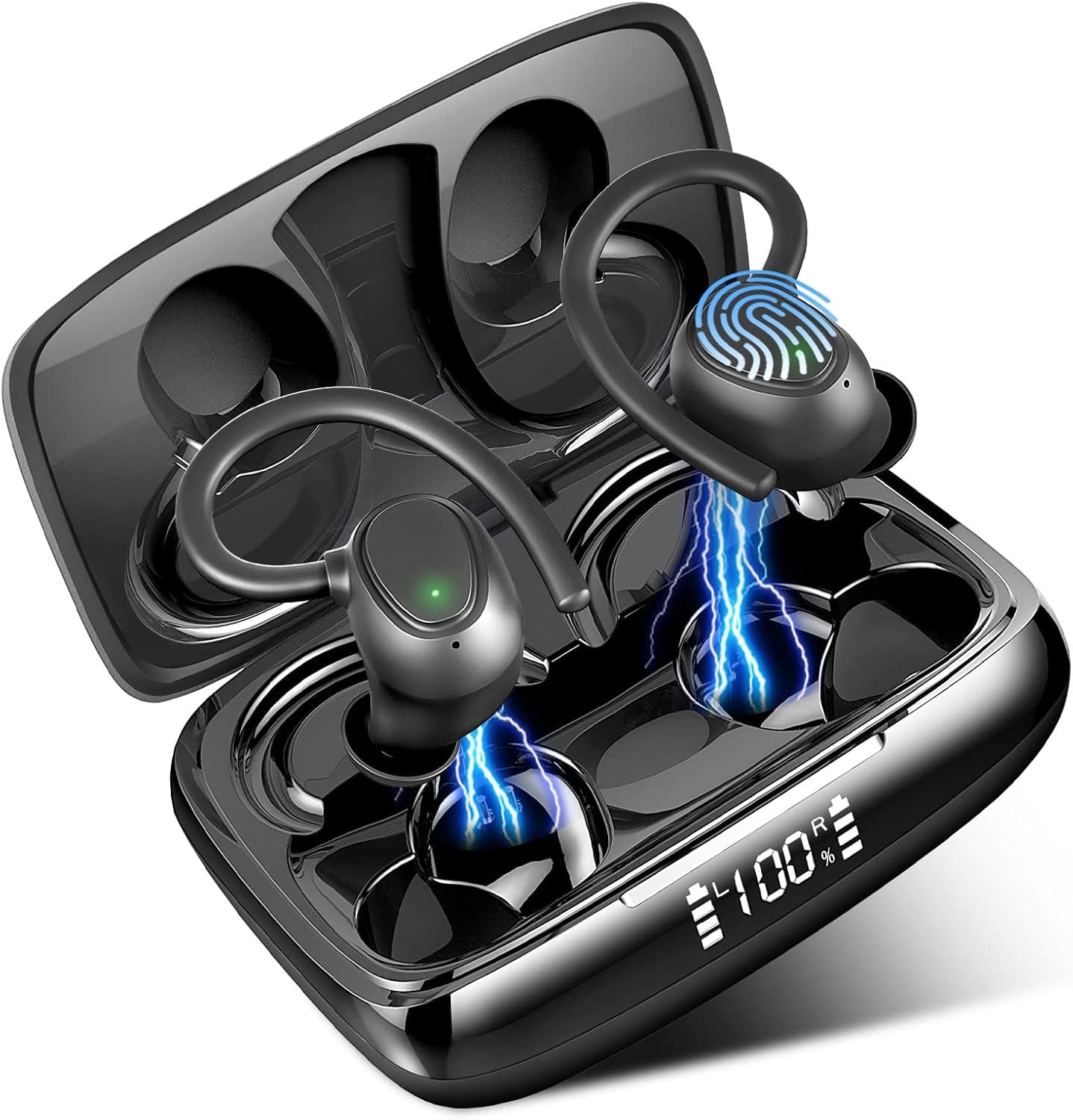 Wireless Earbud, Bluetooth 5.1 Earbud with Earhooks, Bluetooth Headphones with HD Mic, Wireless Earphones in Ear Noise Cancelling, IP7 Waterproof, Deep Bass,48H Dual LED Display, Running