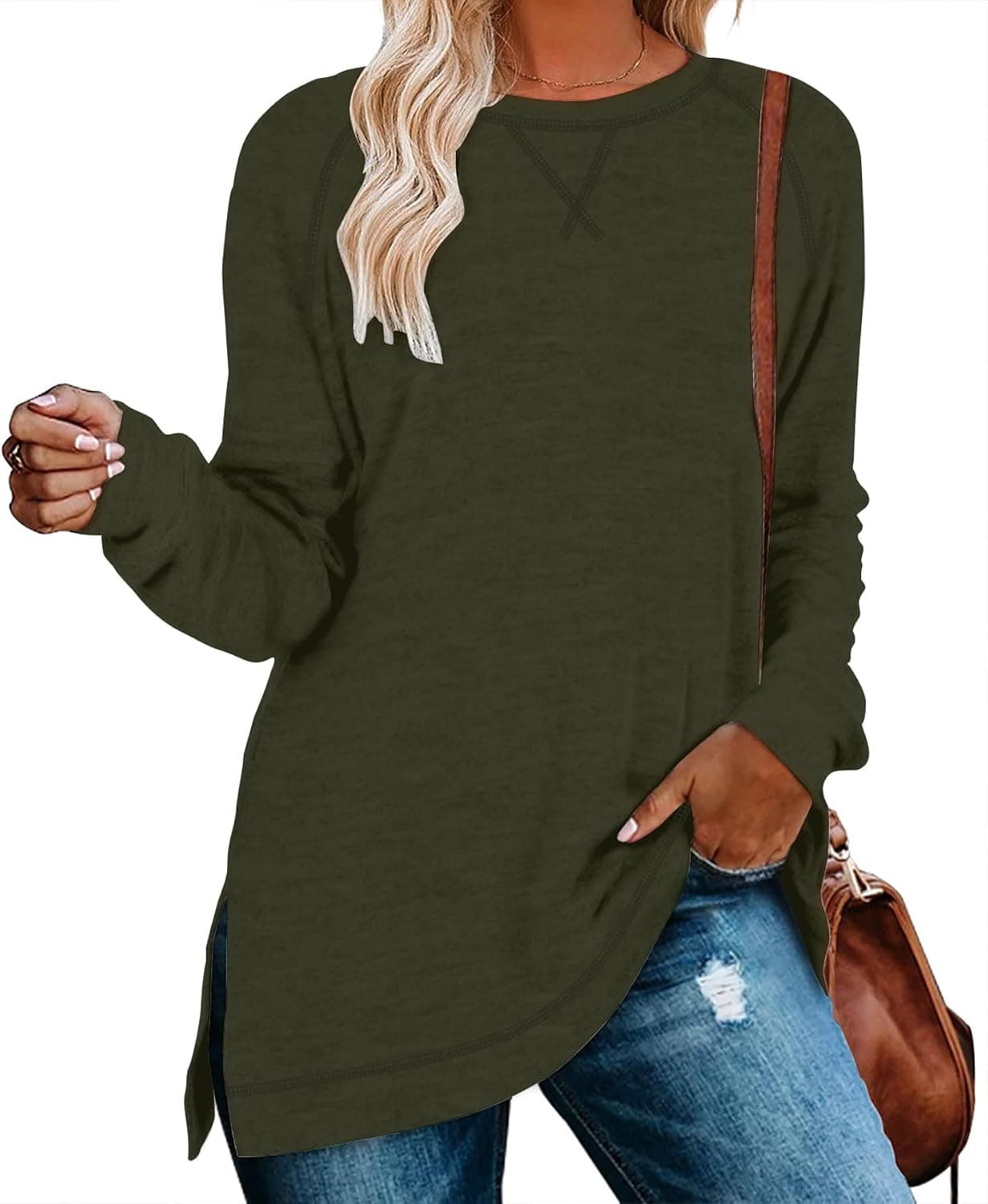 NILOUFO Womens Long Sleeve T Shirts Casual Blouses Fashion Tunic Side Split Tops for Leggings