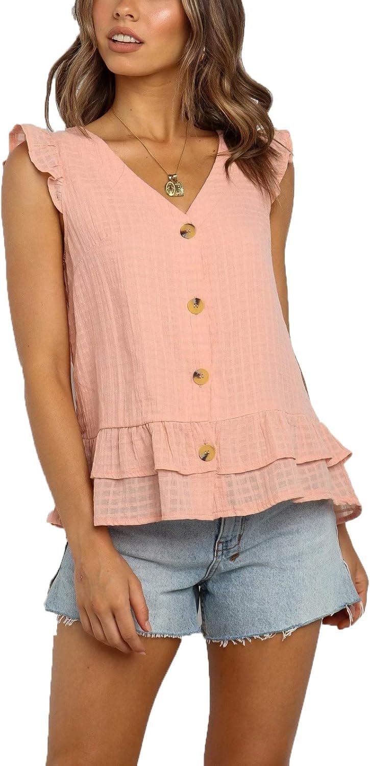 Women's Casual V Neck Shirts Button Cotton Ruffle Hem Peplum Blouse Tops