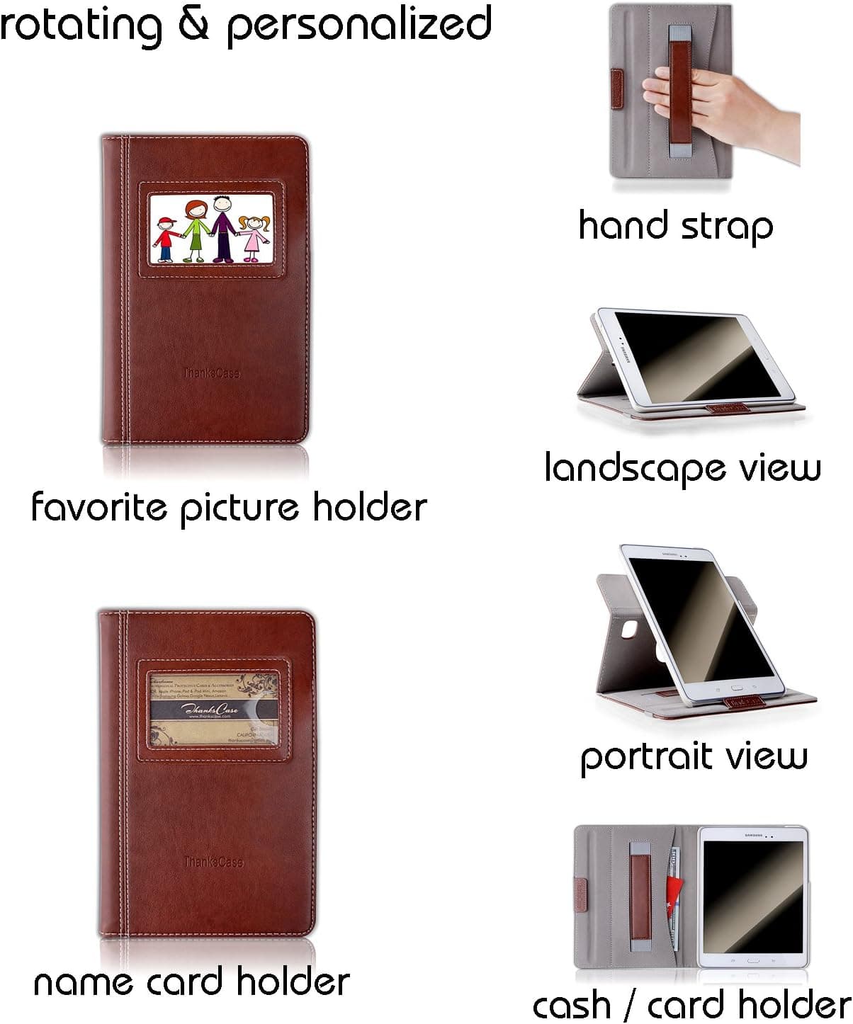 Thankscase Case Compatible for Galaxy Tab A 8.0, with Business Card Holder for Personalization or Company Logo, with Wallet Pocket and Hand Strap Case for Galaxy Tab A 8.0 2015.(Brown Leather)