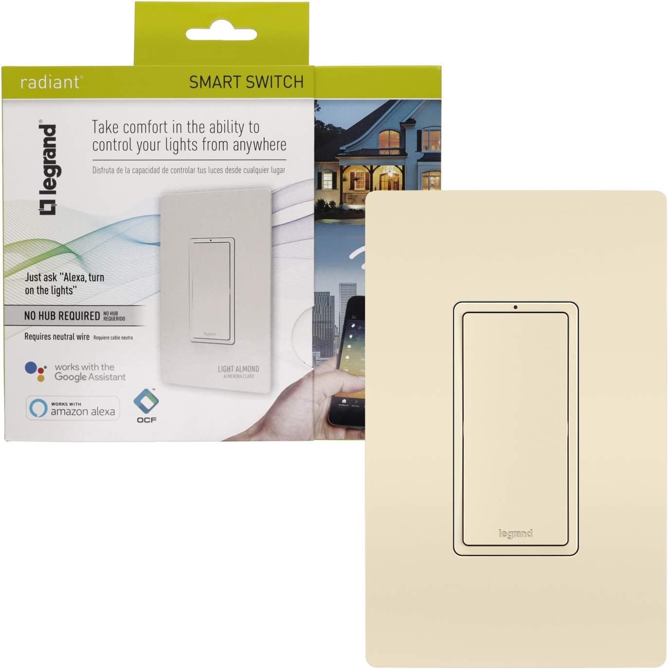 Legrand - Pass & Seymour Radiant WWRL10LACCV2 Enabled, Light Almond Smart Wi-Fi Switch