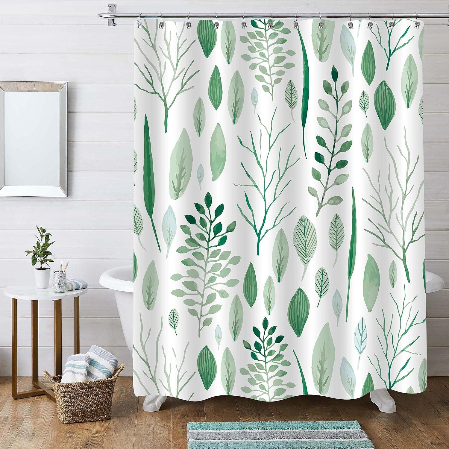 MitoVilla Green Floral Shower Curtain Set, Abstract Botanical Shower Curtain, Green and White Leaf Standard Shower Curtain for Bathroom Decor, Teal Tropical Plant Fabric Shower Curtain, 72 x 72
