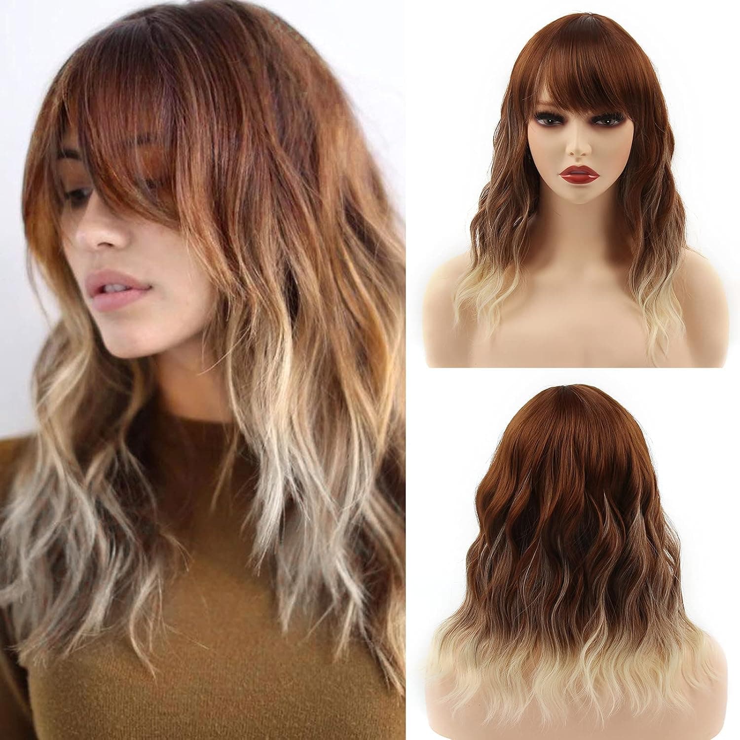 Headband Wig with Bangs for Women Ombre Brown Blonde Wavy Hair Short Colored Synthetic Heat Resistant Wigs Natural Looking for Cosplay Daily Party(14",Ombre Brown Blonde)