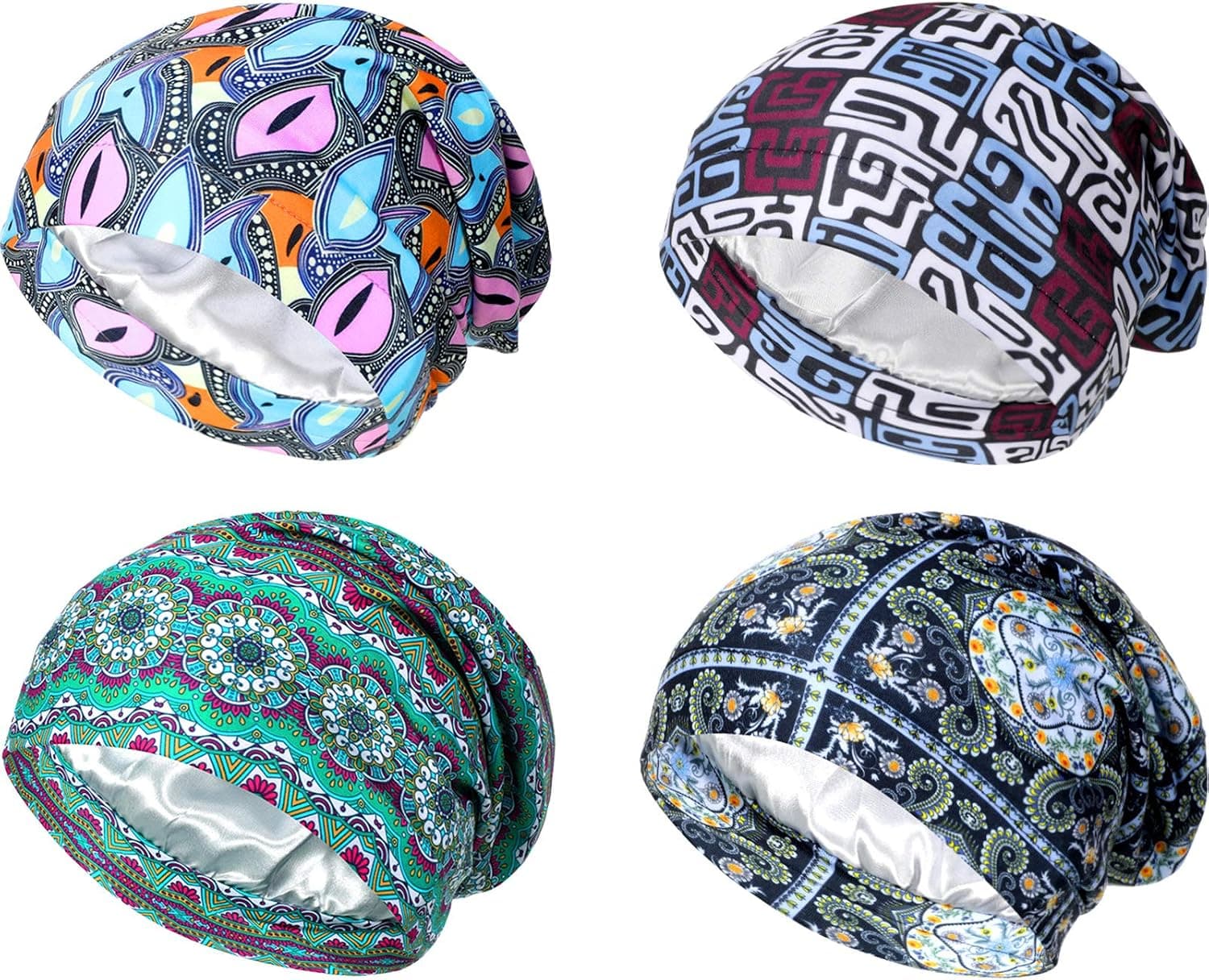 4 Pieces Satin Lined Sleep Cap Double Layer Silk Sleeping Bonnet Slouchy Beanie Slap Hat for Women Curly Hair