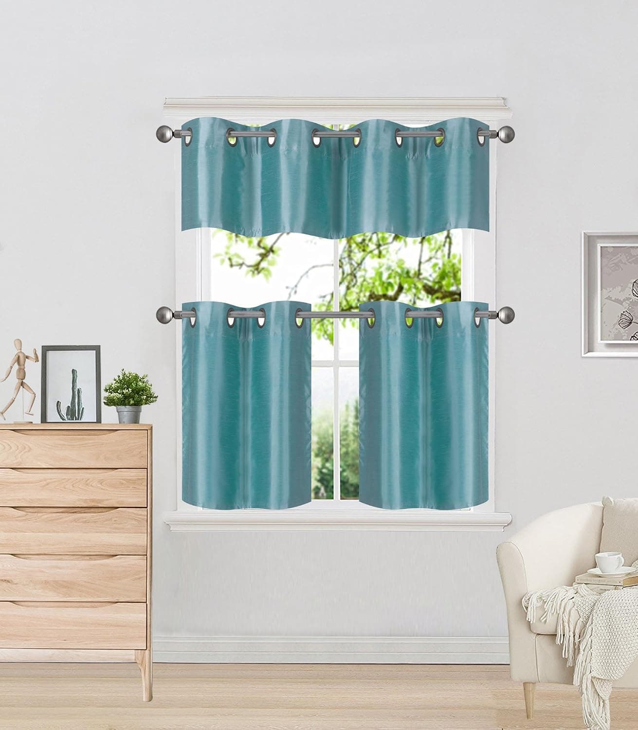 GorgeousHomeLinen (K7) 3 Piece Kitchen Window Insulated Foam Backing Blackout Grommets Tier Curtain Panels Valance Set 28"x14" (Teal)