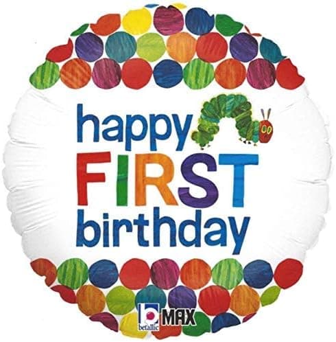 Happy 1st Birthday Balloon The Very Hungry Caterpillar by Eric Carle 18 Round Foil for Helium Inflation Party Decoration in Green Blue Orange Red Yellow Polka Dots and Multi Color Bug Words on White