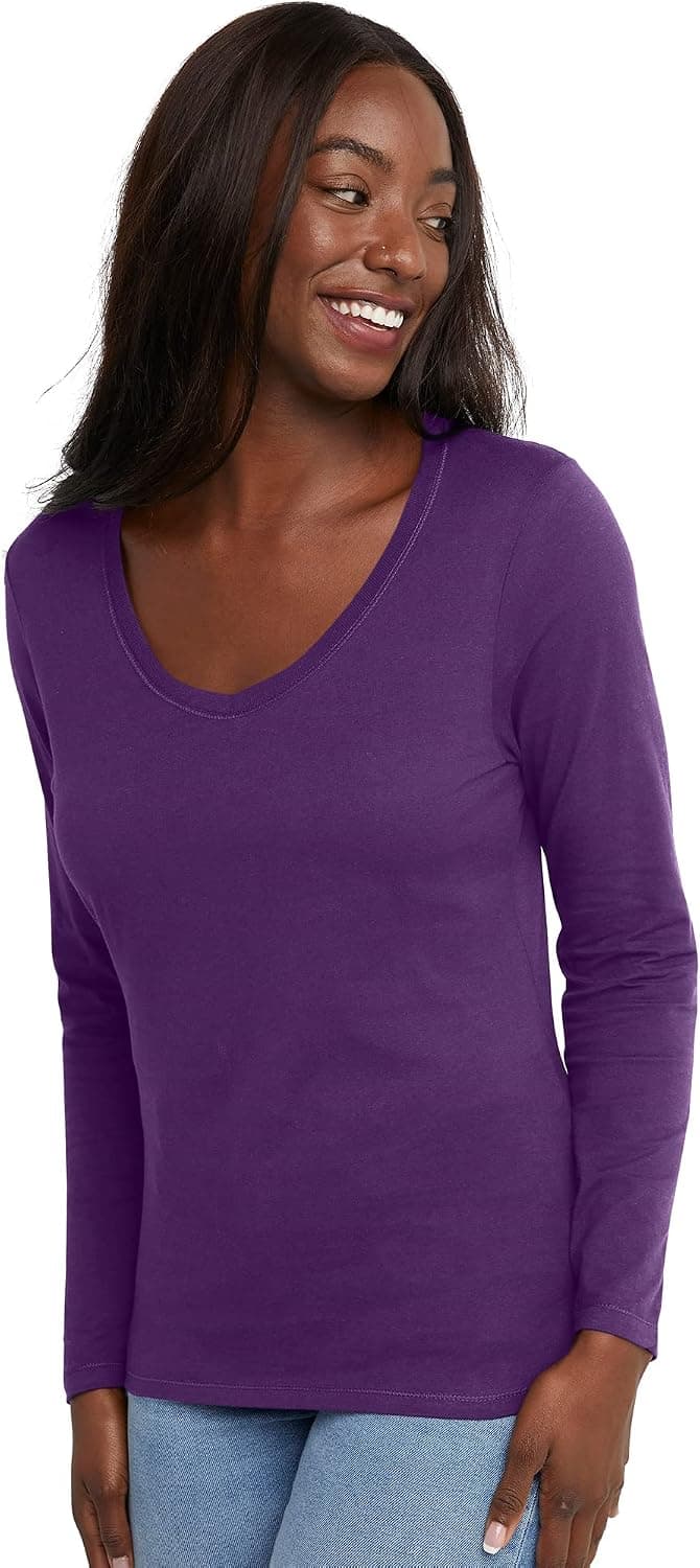 Hanes Originals Women’s Long Sleeve Cotton V-Neck T-Shirt, Lightweight V-Neck Tee, Modern Fit