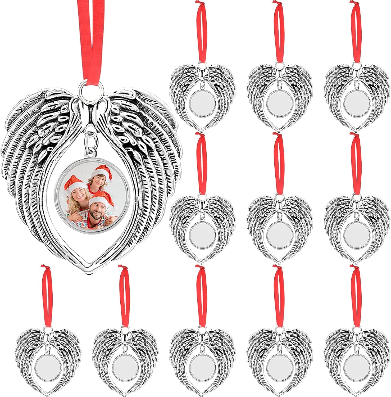 Hotop Sublimation Christmas Ornament Angel Wings Shape Blank Decorations Xmas Hot Transfer Printing Consumables Supplies Wing Photo Pendants Necklaces with Ropes Tree Party Favor (12 Pieces), Silver