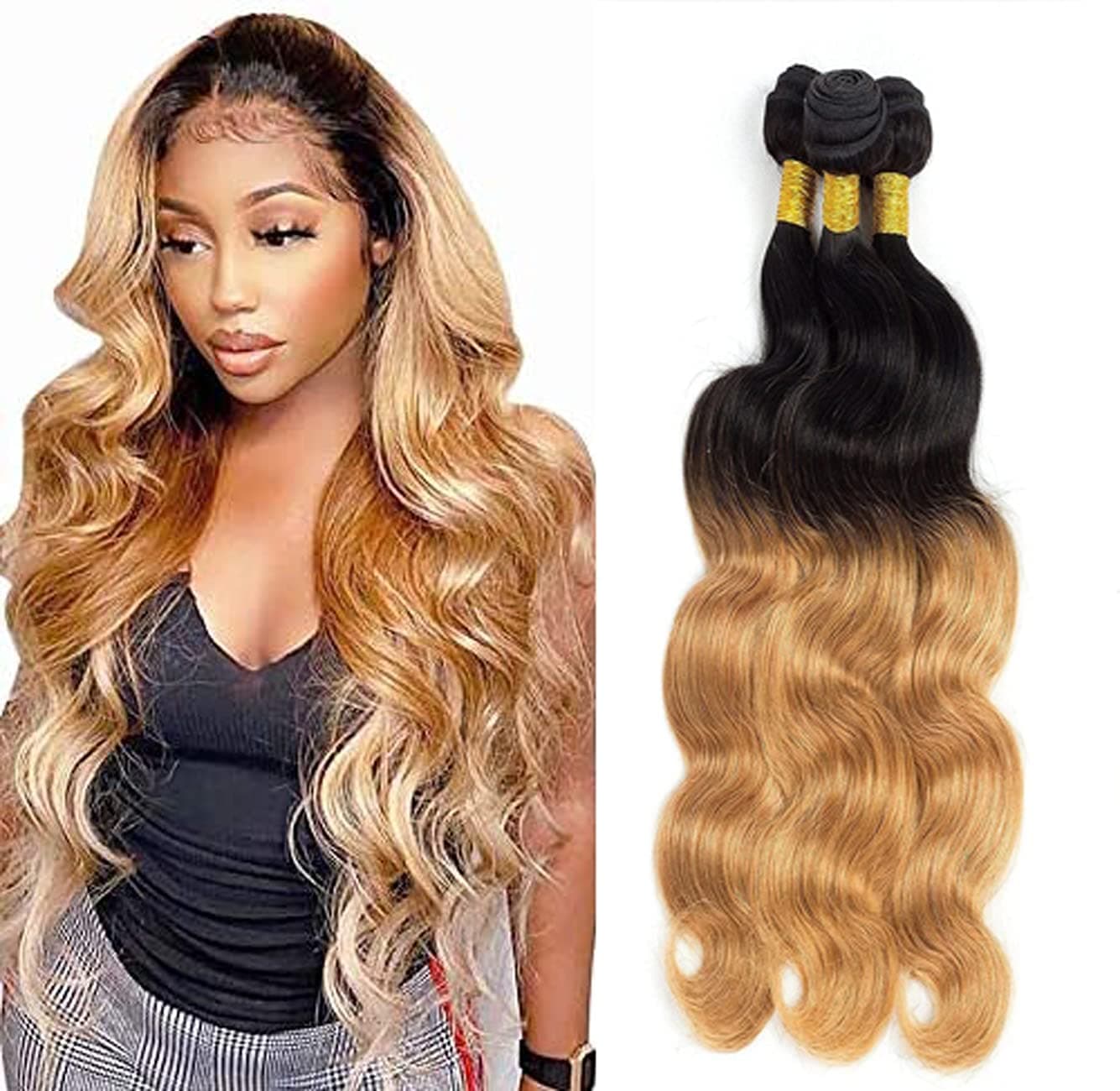 Ombre Human Hair Bundles 1B27 Body Wave Brazilian Remy Human Hair Black To Honey Blonde Hair Bundle 100g/Bundles Ombre Hair 3 Bundles 14 16 18 Inch