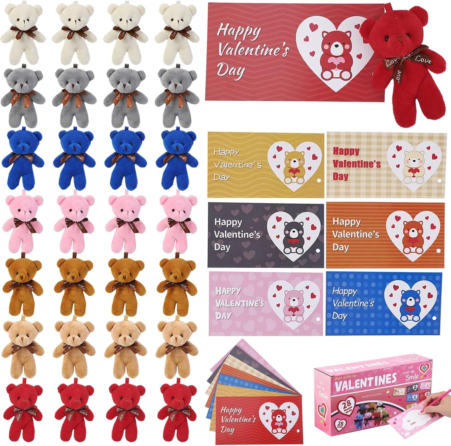 28 Pack Valentines Day Gifts for Kids - Valentines Cards with Animal Plush Toys, Mini Bear Stuffed Keychain in Bulk for Party Favors Supplies, School Classroom Gift Exchange for Toddlers Girls Boys