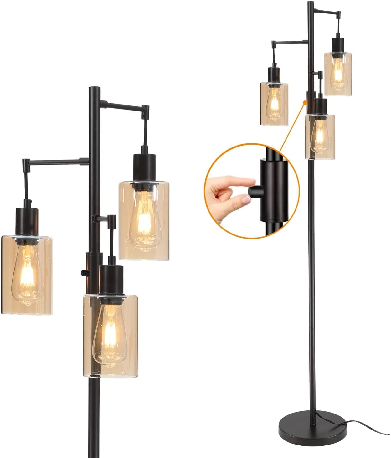 Liylan Farmhouse Floor Lamps Dimmable for Living Room, Oil Rubbed Bronze Rustic Tree Standing lamp, 3 Lights Tall Pole Lighting with Amber Glass Shade