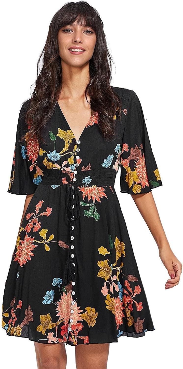 Milumia Women's Boho Button Up Split Floral Print Flowy Party Dress