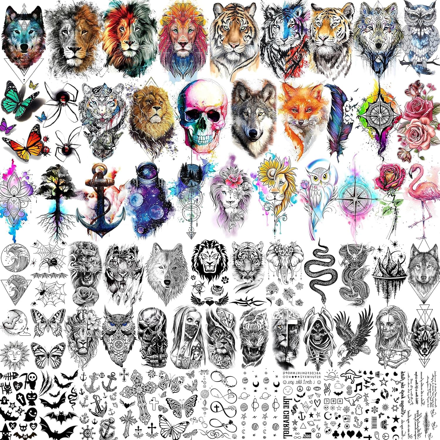 JOEHAPY 66 Sheets 3D Watercolor Animals Owl Lion Temporary Tattoos For Women Men Adults, Black Wolf Tiger Tattoo Sticker Kids Snake Eagle, Bulk Temp Realistic Fake Tattoos That Look Real And Last Long