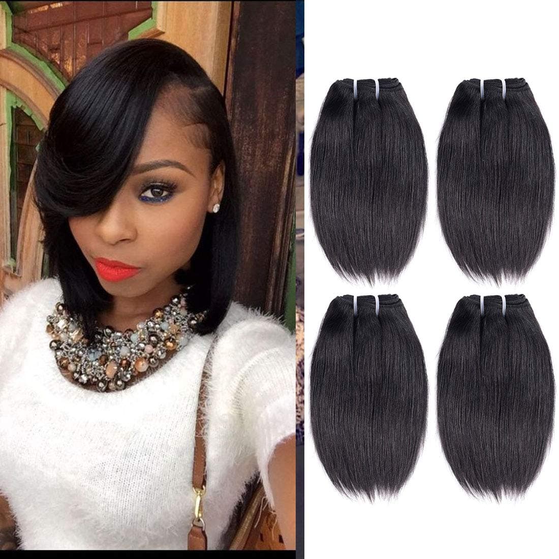 12 Inch Short Human Hair Bundles Natural Color 4 Bundles 10A Brazilian Virgin Hair 100% Unprocessed Straight Human Hair Bundles(12'' 12'' 12'' 12'')