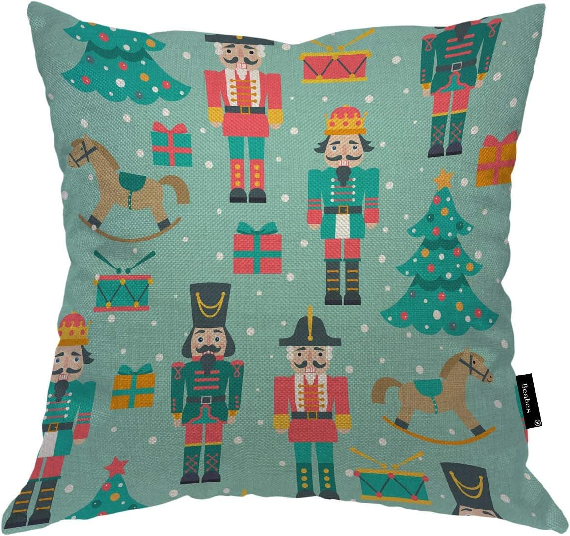 Beabes Nutcrackers Trees Gift Box Throw Pillow Cover Winter Christmas Snow Drums Rocking Horse Durable Cushion Case Cotton Linen for Bedroom Dorm Office 18x18 Inch