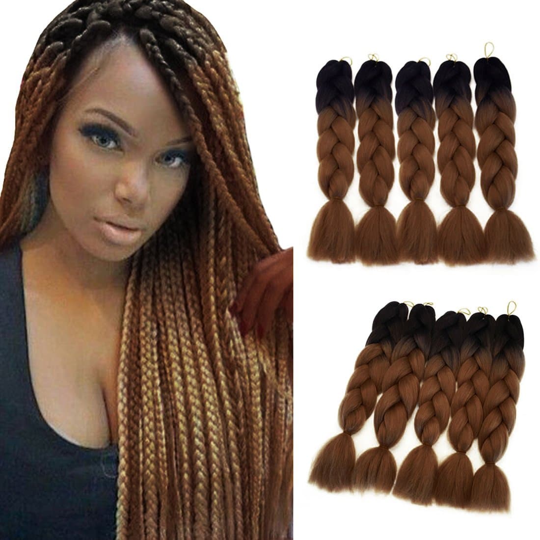 Liddy Jumbo Braids Box Synthetic Hair Ombre Colors Black Dark Brown Box Braids(5pcs,Black-brown)…