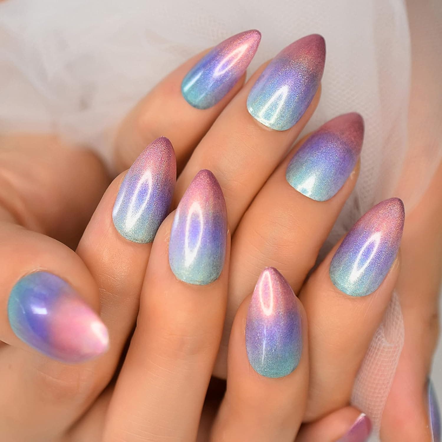 Short Stiltto Press On Nails With Designs Sunset 3 Colors Ombre Fake Nails Art Medium False Artificial Nail Tips Manciure