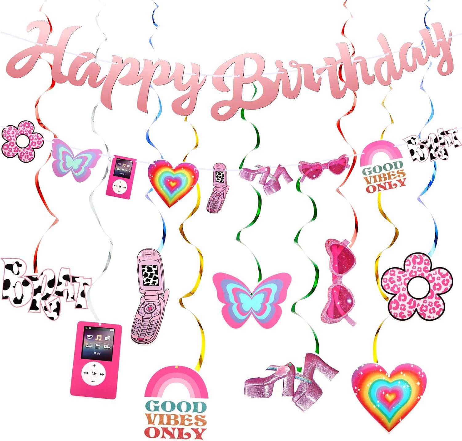 Y2k 2000s Party Decorations Include 9 Pcs 2000s Y2k Party Ceiling Hanging Swirls, Happy Birthday Hanging Banner Early 2000s Pink Party Banner for Female 2000's Theme Bachelorette Birthday Party Favors