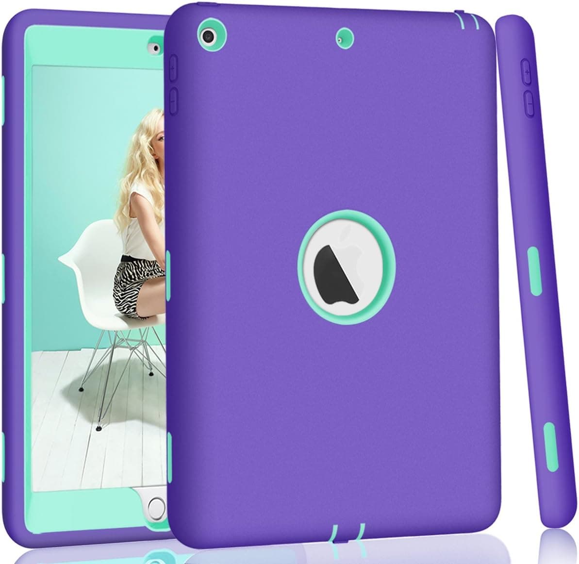 ZHK iPad 2017 and 2018 iPad 9.7 inch Case, Heavy Duty Shockproof High Impact Resistant Rugged Hybrid 3 Layer Full Body Protective Case Cover for Apple iPad 9.7 inch - Purple Mint Green